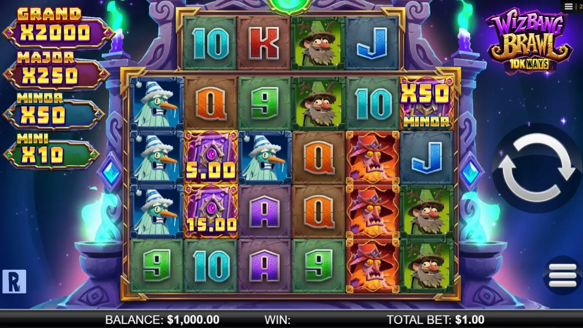 Tampilan visual game slot Wizbang Brawl 10K Ways dengan tema penyihir dan pertempuran magis.
