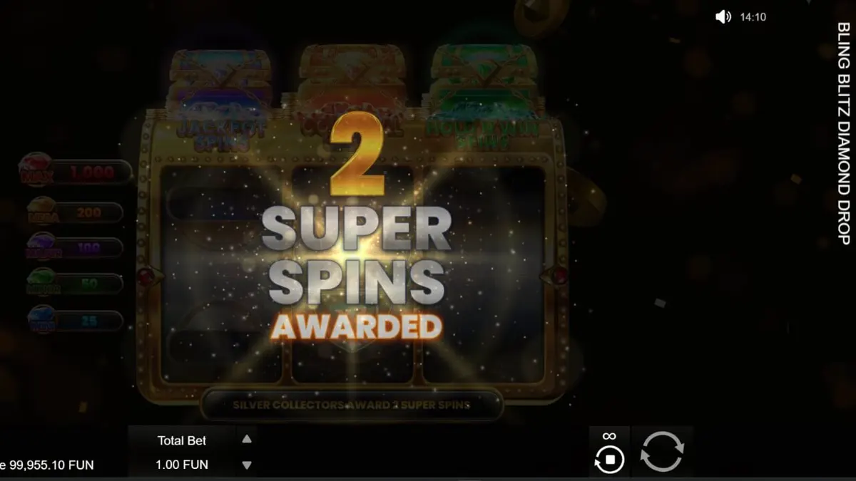 Tampilan visual mewah dari slot Bling Blitz Diamond Drop dengan simbol berlian dan koin emas.
