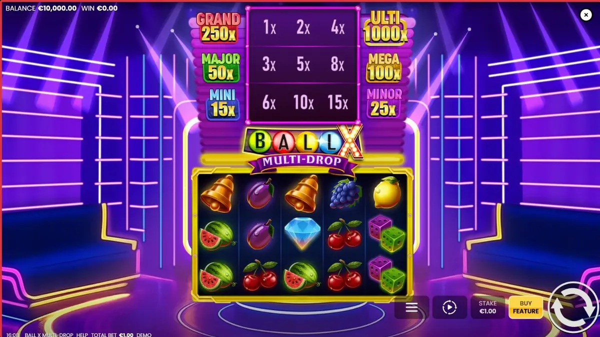 Tampilan visual neon dari slot Ball X Multi-Drop dengan simbol buah klasik.